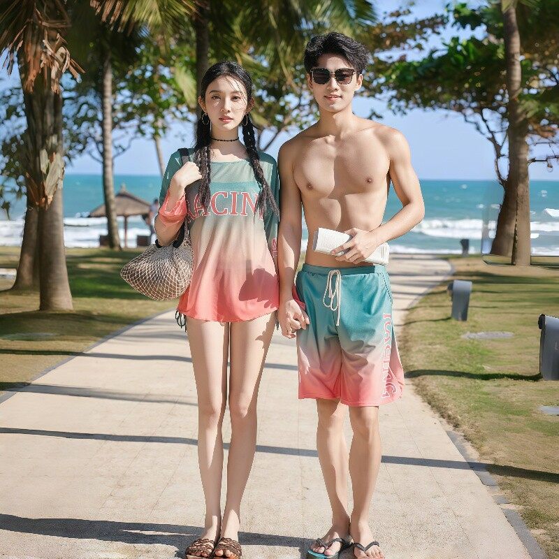 情侣泳衣女运动式分体三件套小胸遮肉罩衫温泉度假游泳装男女套装