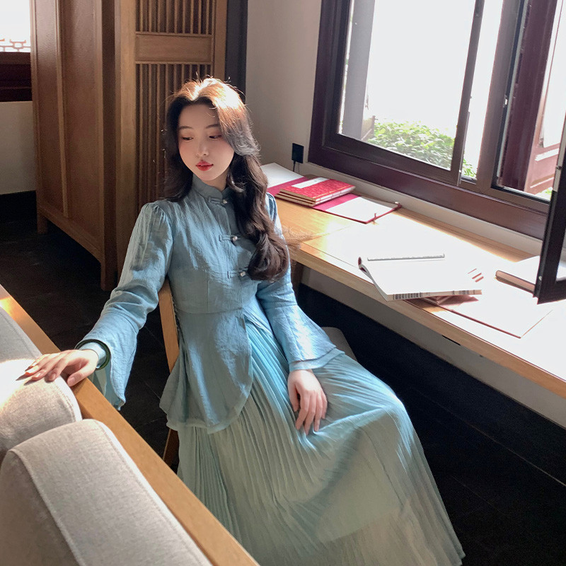 麓津《风轻轻》蓝色新中式套装国风改良款衬衫超仙少女