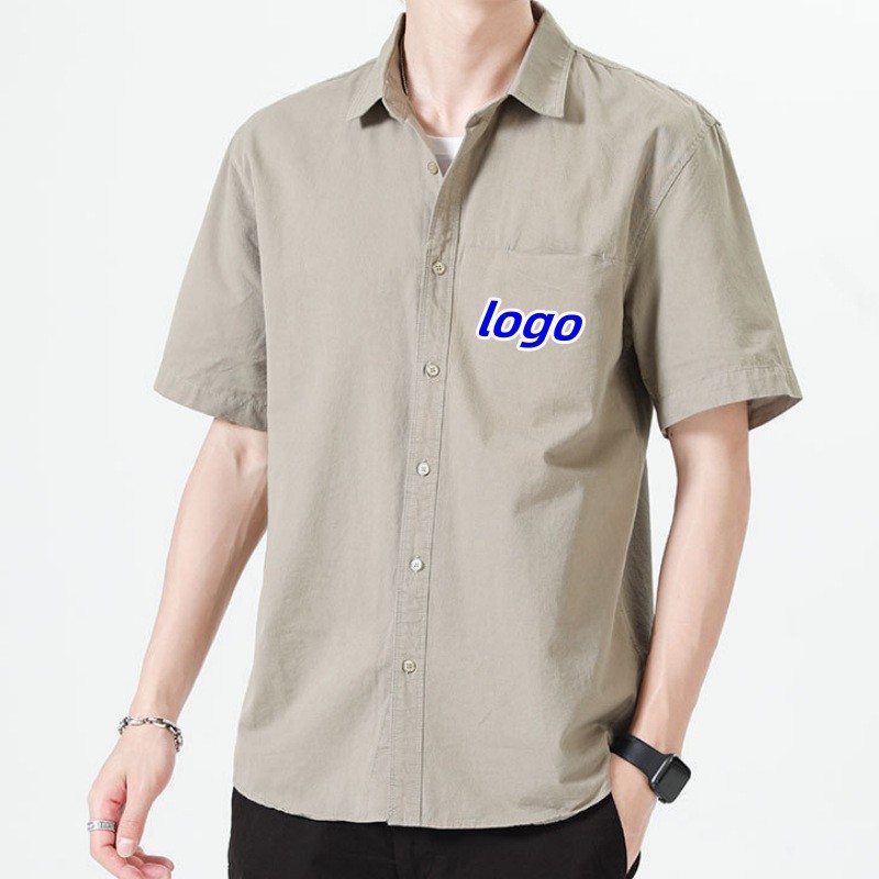 定制logo纯棉短袖衬衫男士夏季港风休闲纯色衬衣外套学生韩版批发