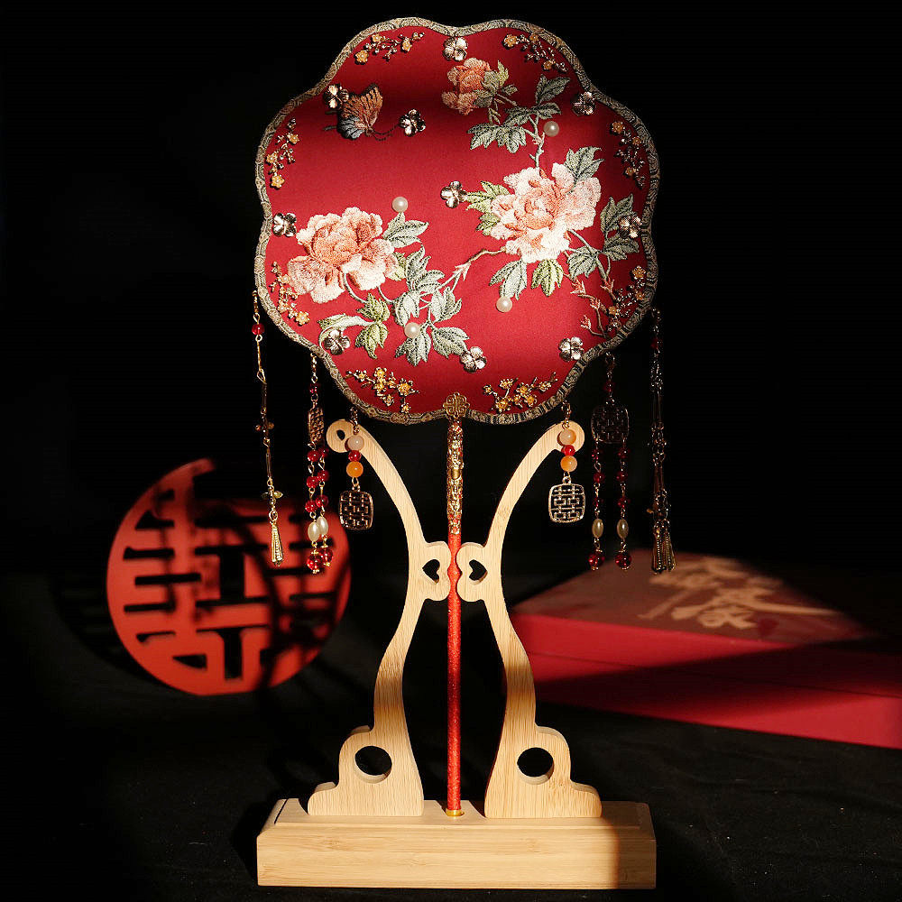 刺绣双面重工绢丝扇面新娘团扇diy材料包结婚送礼成品结婚团扇