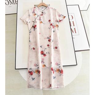 新中式裙2024夏季改良版石榴印花显瘦侧开叉国风