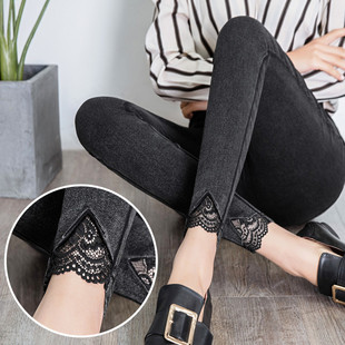 蕾丝牛仔打底裤女外穿春秋2023新款显瘦九分小脚小个子八分裤