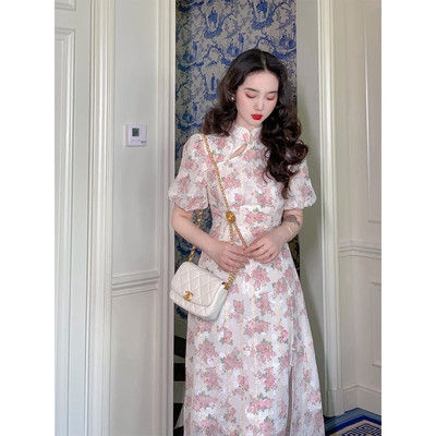 麓津《游春扑蝶》改良版少女泡泡袖碎花新款子