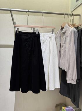 一粒扣过膝中长A字裙2024秋松紧大摆a字裙过膝女 66607