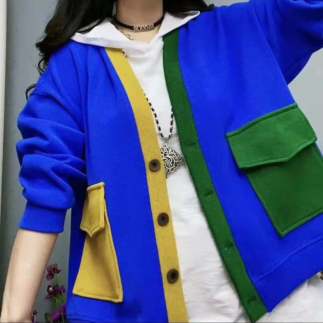 春秋女士短口袋撞色文艺拼色开衫V领长袖宽松棉质潮,女装/女士精品,毛针织衫,淘宝优惠券,粉丝福利购,淘宝优惠卷