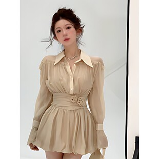 小雨姐姐【弗洛衬衫裙】法式气质立体花朵褶皱显瘦