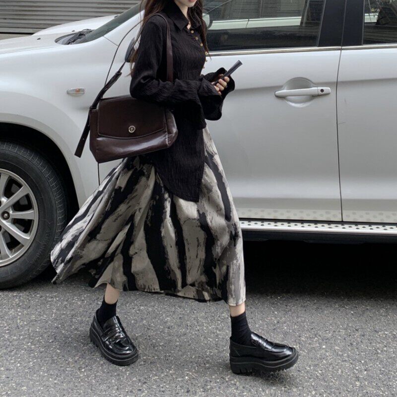 大码水墨印花a字女春夏长款遮肉显瘦雪纺半身