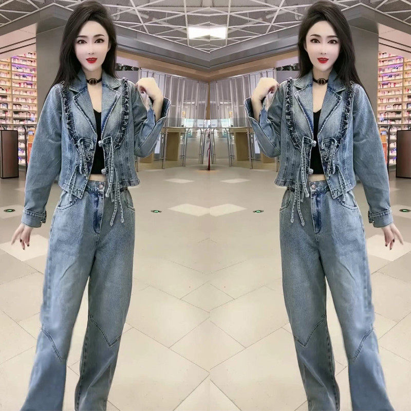 高级感牛仔套装女春秋2024新款两件套牛仔衣阔腿裤显瘦休闲服,女装/女士精品,时尚套装,淘宝优惠券,粉丝福利购,淘宝优惠卷
