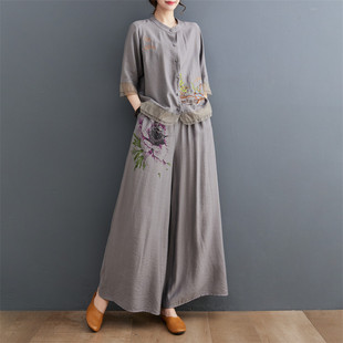 大码套装女士2025夏装新款中年妈妈时尚洋气亚麻阔腿裤两件套