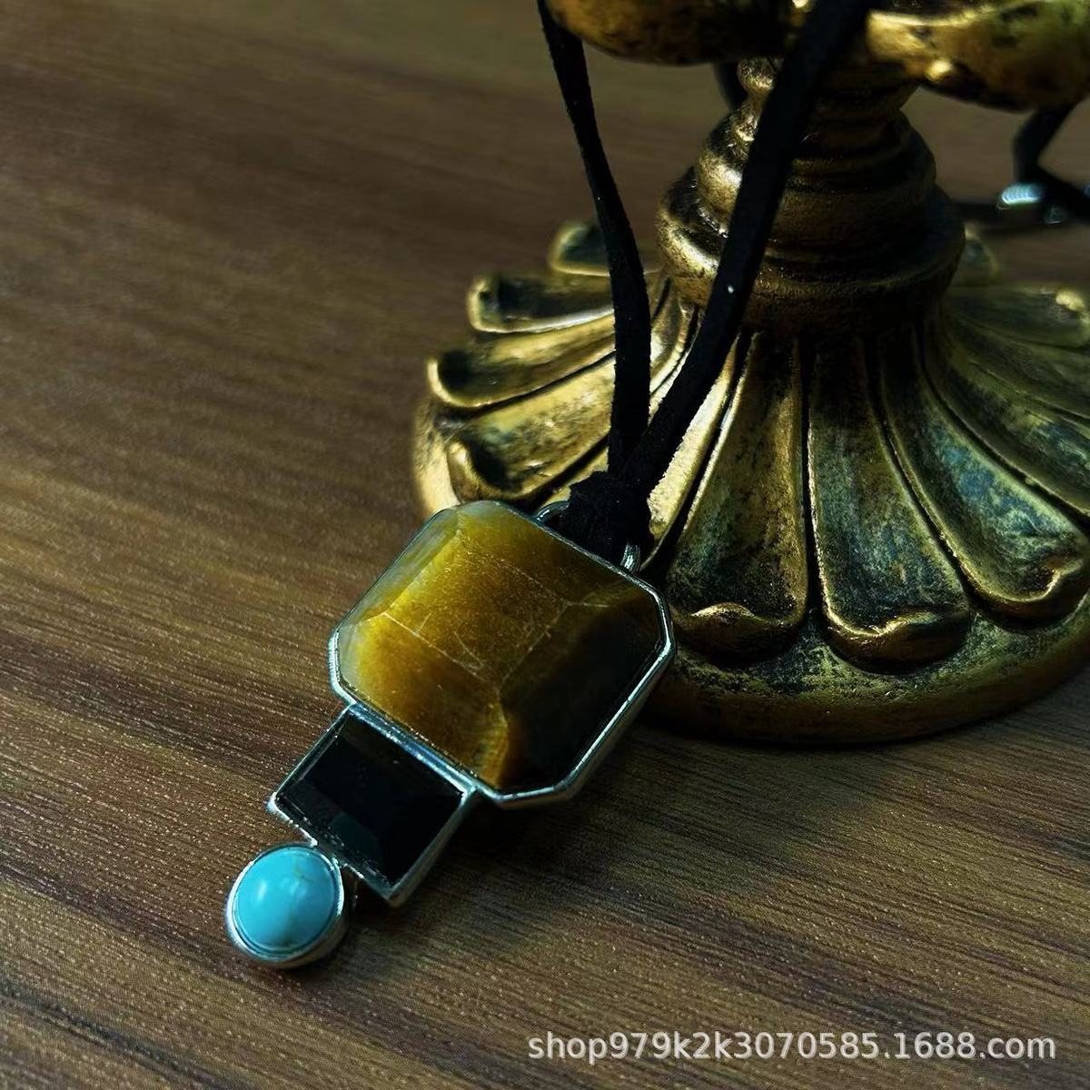 皮绳编制中古vintage 天然水晶石头古董年代感欧美复古项链吊坠