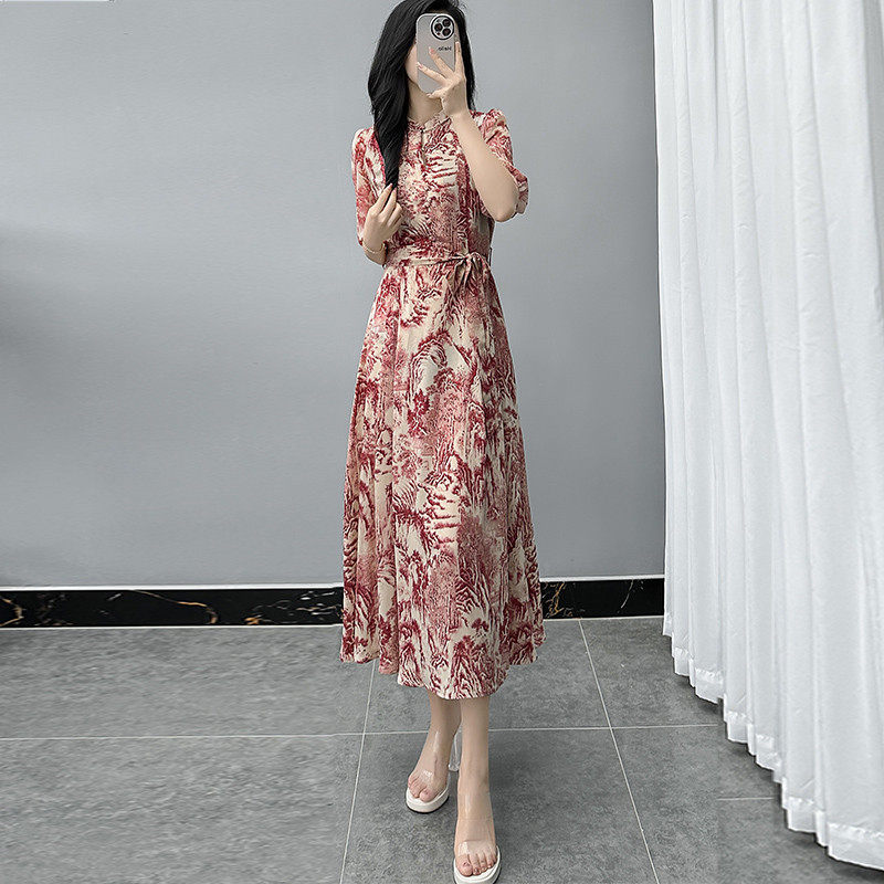 过膝减龄裙夏季2024新款气质水墨画印花显瘦雪纺系带女,女装/女士精品,连衣裙,淘宝优惠券,粉丝福利购,淘宝优惠卷