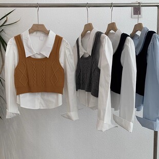 2024小众设计款甜辣女减龄学院风马甲衬衣叠穿两件套