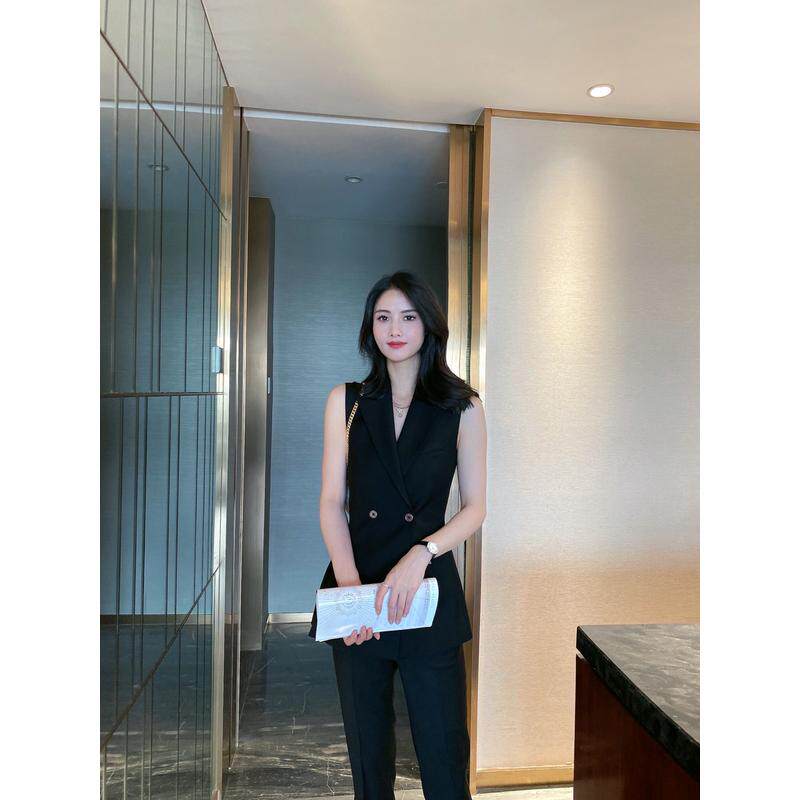 新款黑色无袖右侧褶皱设计九分裤套装女