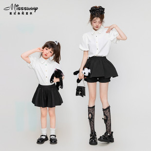 抗皱！洋气泡泡袖白色衬衫亲子装2024夏季新款百搭雪纺衬衣