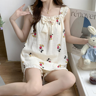 家居服 新品 带胸垫睡衣女士夏季 吊带薄款 纯棉甜美可爱卡通宽松大码