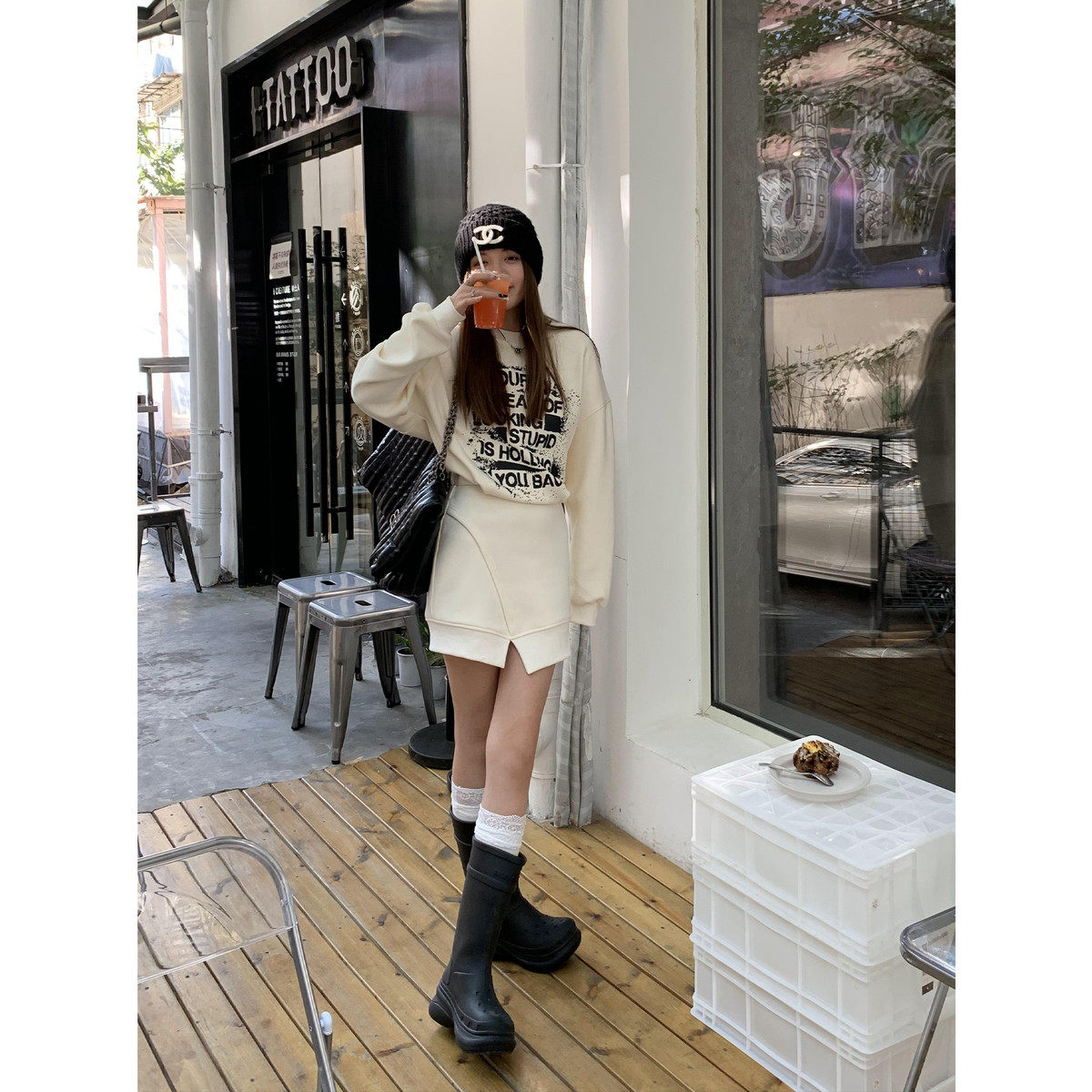 假两件收腰裙女秋冬高级感加绒不规则长袖显瘦