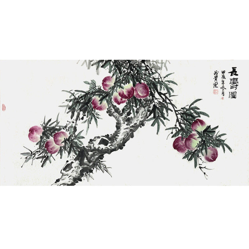 纯手绘国画花鸟画定制寿桃祝寿贺寿献寿图客厅装饰画中式玄关挂画