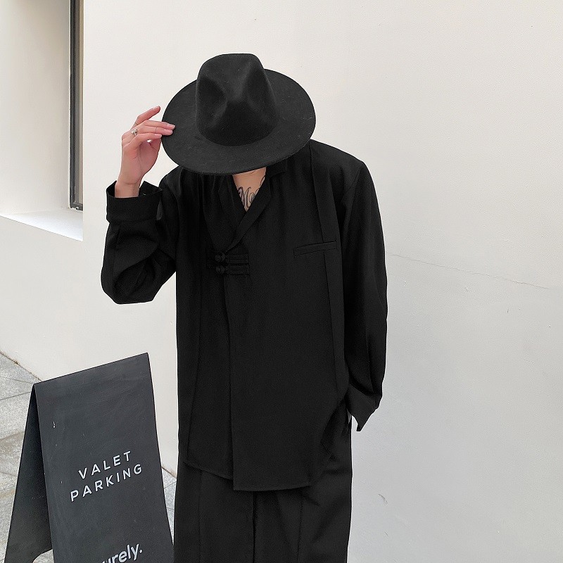 春季暗黑系中式盘扣衬衫男设计感斜开襟休闲纯色衬衣发型师潮