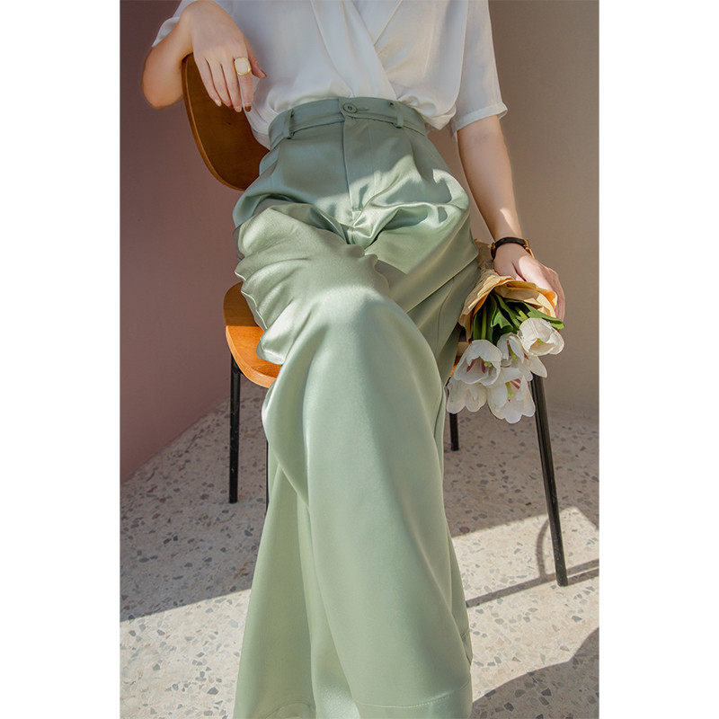 浅绿色缎面阔腿裤女2025年夏季新款直筒窄版垂感高级感,女装/女士精品,休闲裤,淘宝优惠券,粉丝福利购,淘宝优惠卷