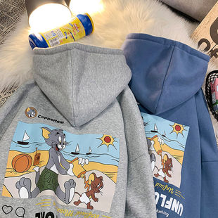 港风潮流卡通百搭男女学生宽松ins秋冬款 连帽情侣装