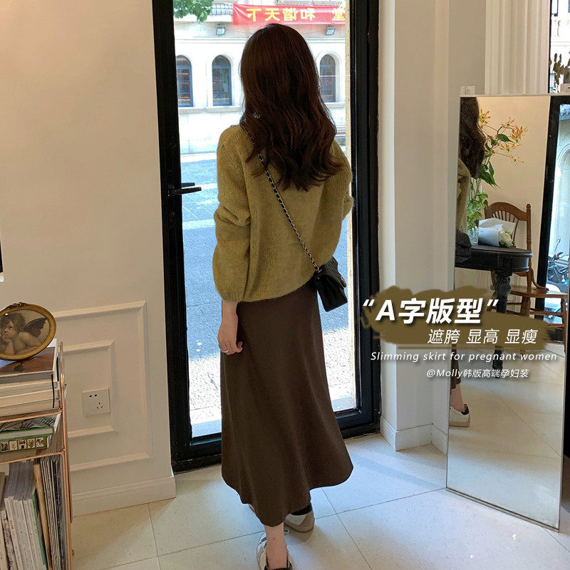 孕妇A字毛呢秋冬外穿中长款时尚百搭遮胯显瘦A字裙托腹伞裙