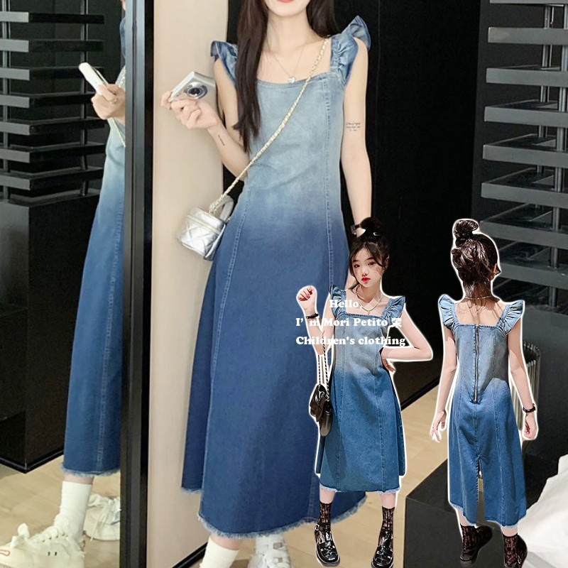 韩系亲子装夏装飞袖牛仔裙渐变水洗裙母