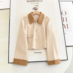 秋水~2024春季时尚撞色拼接单排扣小个子短款百搭风衣女