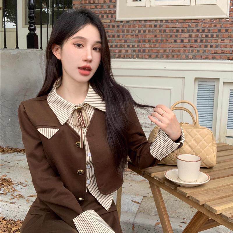 美式学院风套装假两件条纹拼接秋季百褶两件套