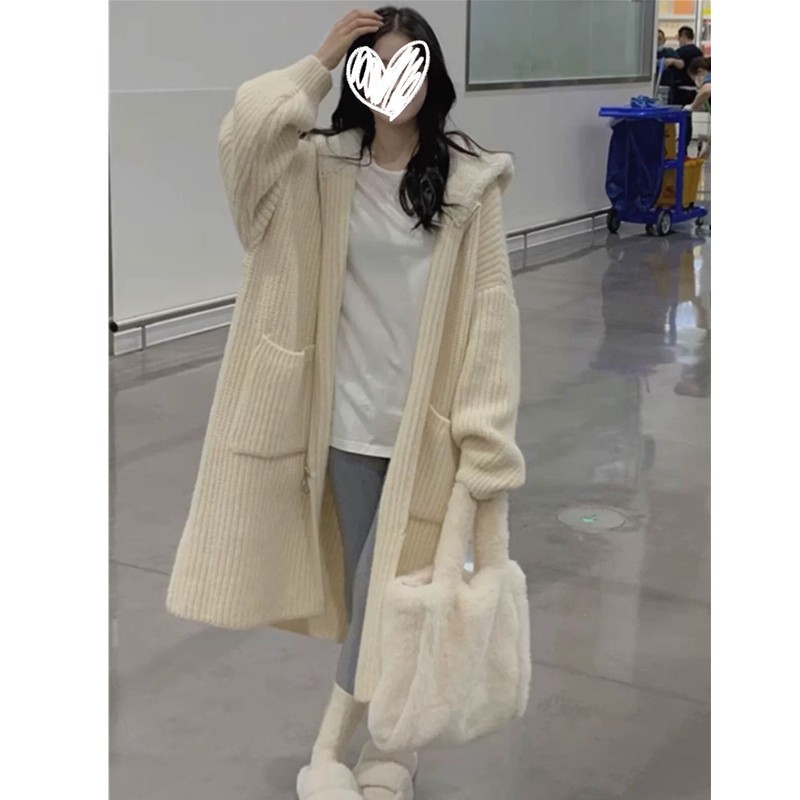 宽松大码慵懒风开衫女秋冬设计感大衣中长款连帽拼接毛衣
