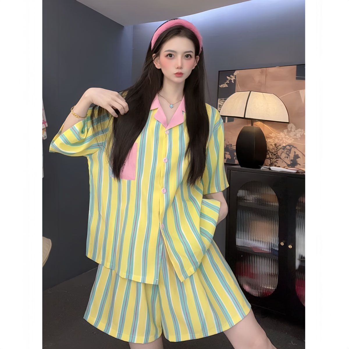 新品纯棉睡衣女夏季新款韩版ins短袖薄款甜美可爱条纹大码家居服