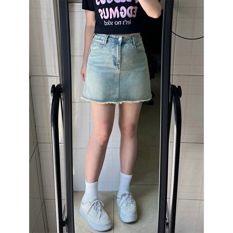 大码牛仔女胖mm夏季新款显瘦a字毛边包臀