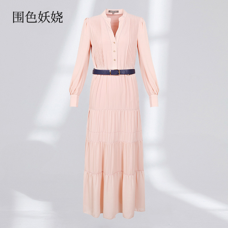 粉色长款女春夏季2025新款长袖气质显瘦法式雪纺百褶裙8201