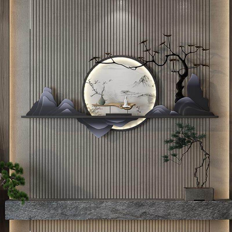 挂画挂件新中式迎客松墙面装饰圆形客厅带灯玄关铁艺壁饰背景沙发