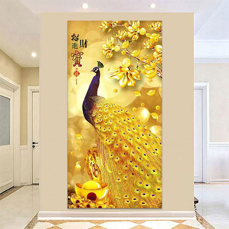 招财进宝金孔雀装饰画简约竖版入户玄关过道走廊挂画客厅吉祥壁画图片