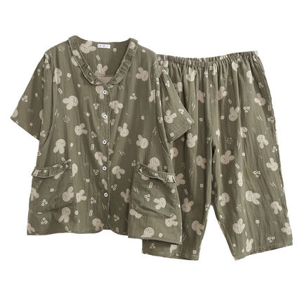 新品双层纱布夏季睡衣女大码月子服纯棉200斤孕妇短袖七分裤家居