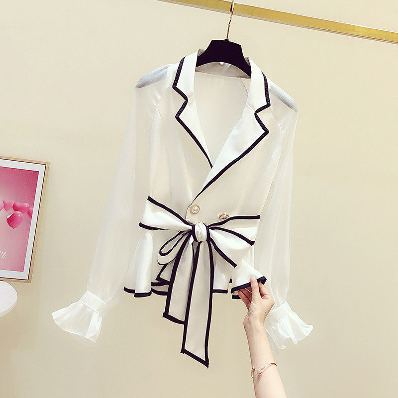 2025春秋新款韩版气质喇叭袖双排扣系带收腰领衬衫女显瘦衬衣,女装/女士精品,衬衫,淘宝优惠券,粉丝福利购,淘宝优惠卷