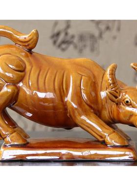 唐三彩牛陶瓷黄牛水牛摆件工艺品礼品家居客厅装饰品办公缺角摆件