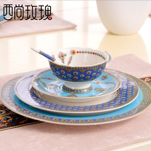 陶瓷釉中彩工艺摆台餐具家用酒店微波炉碗碟餐具咖啡杯套装带勺子