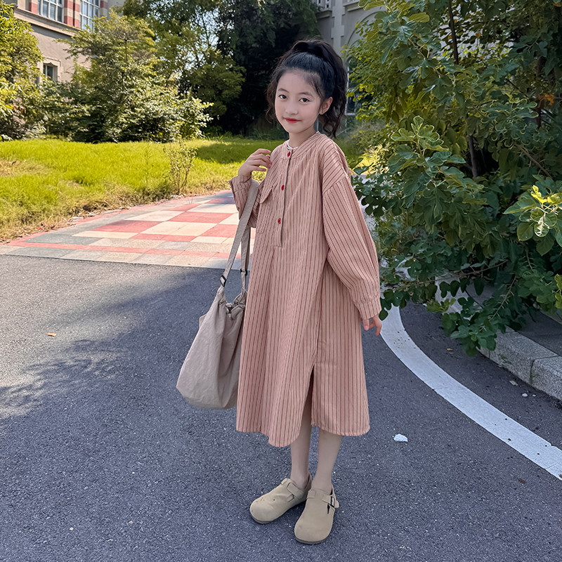 小资妞2025新款春装衬衫洋气女孩条纹中长款休闲宽松开衫衬衣