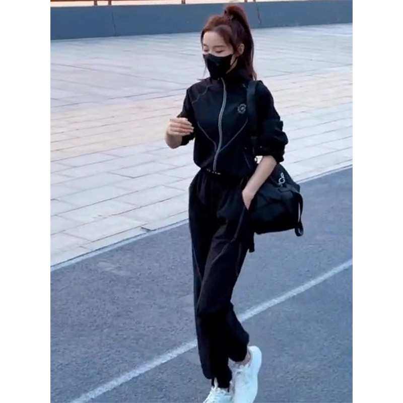 黑色休闲运动装套装女2025秋季新款时尚洋气欧货跑步服两件套