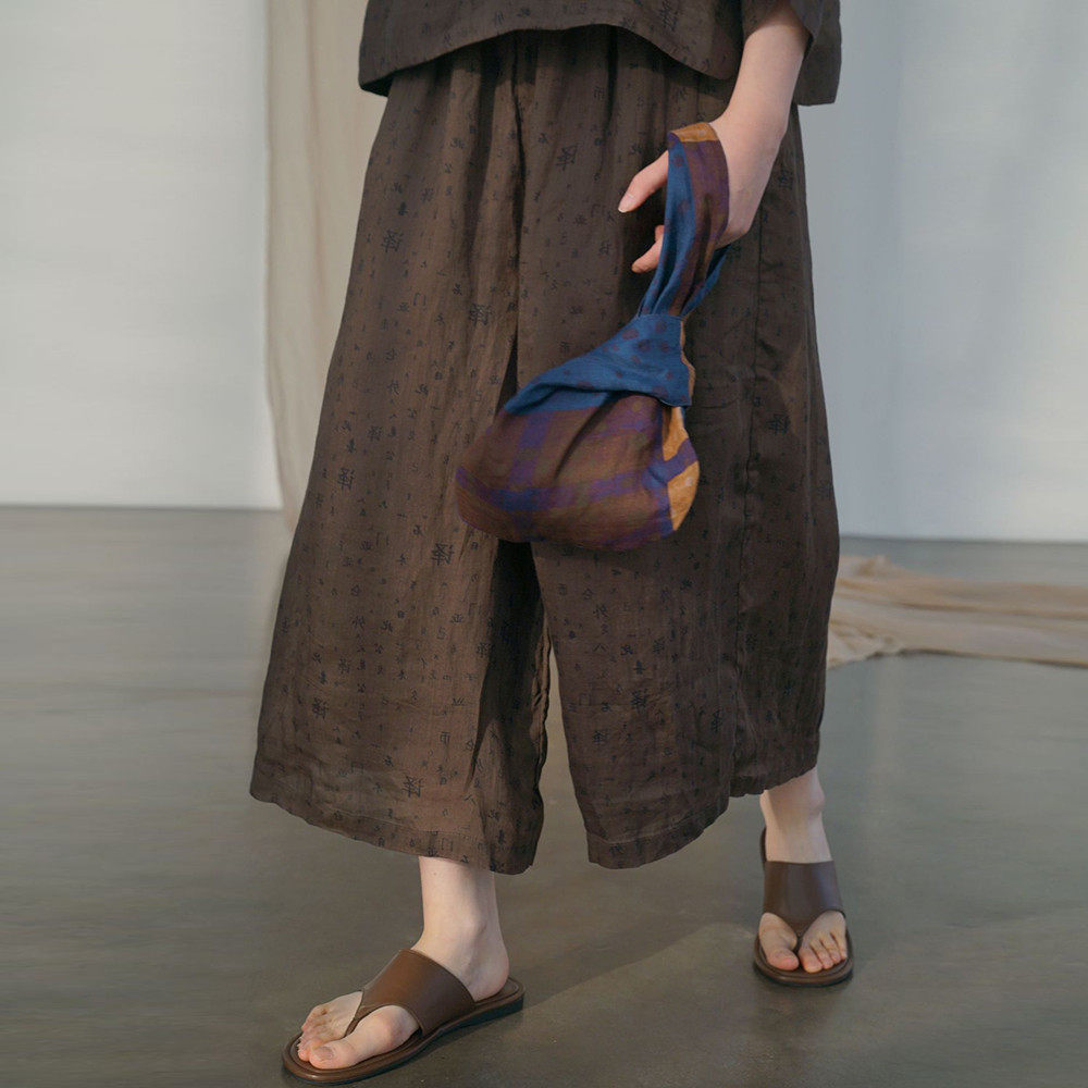 夏文艺细苎麻松紧腰文字印花阔腿裤宽松双层九分裤透,女装/女士精品,休闲裤,淘宝优惠券,粉丝福利购,淘宝优惠卷