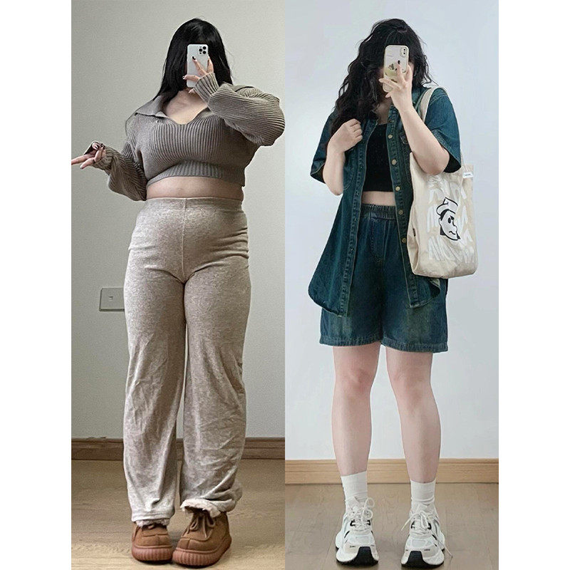 300斤大码胖mm牛仔短女夏季设计感衬衫显瘦外穿