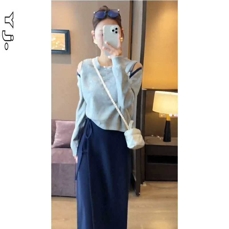 秋季两件套装女款2024新款设计感露肩长袖百搭