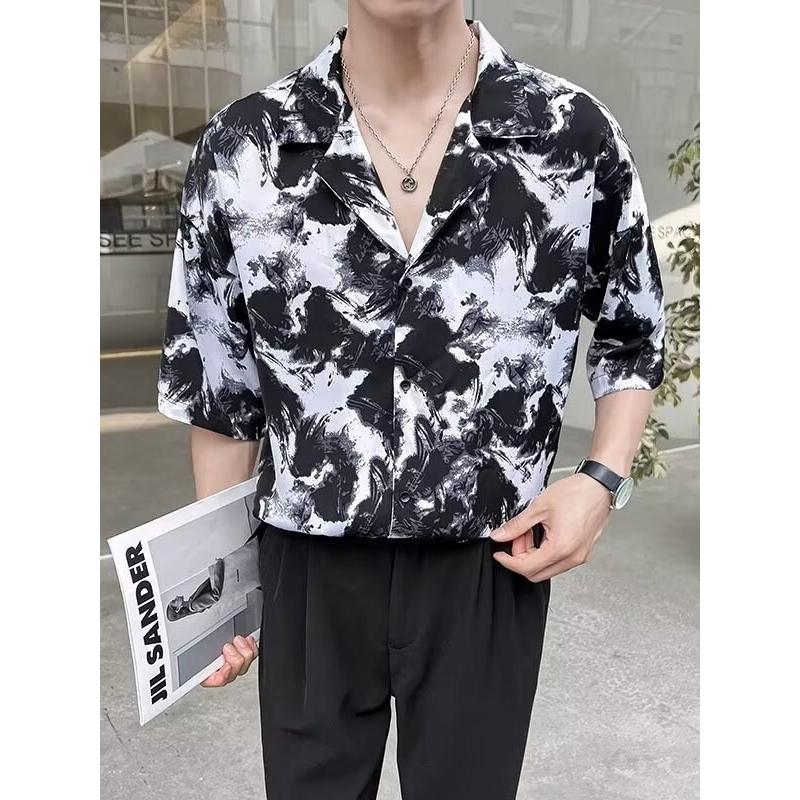 夏季男士高级感上衣冰丝衬衫男国风潮牌水墨发型师短袖花衬衣外套
