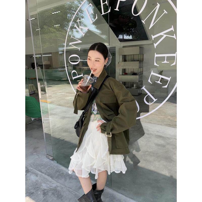 张小涵2024秋不规则设计感小众杏色蕾丝拼接显瘦蛋糕裙