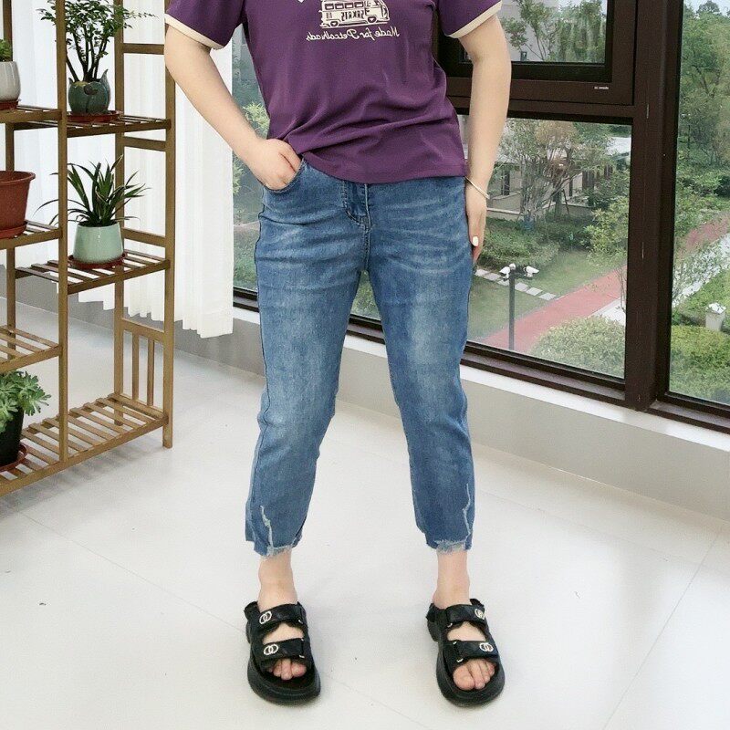 胖mm夏季新款松紧做旧直通裤薄款弹力宽松显瘦女裤