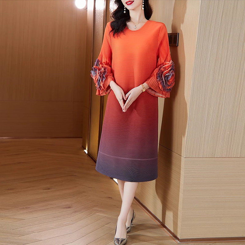褶皱设计感立体花朵袖渐变色圆领宽松女春季遮肉妈妈a字裙,女装/女士精品,连衣裙,淘宝优惠券,粉丝福利购,淘宝优惠卷