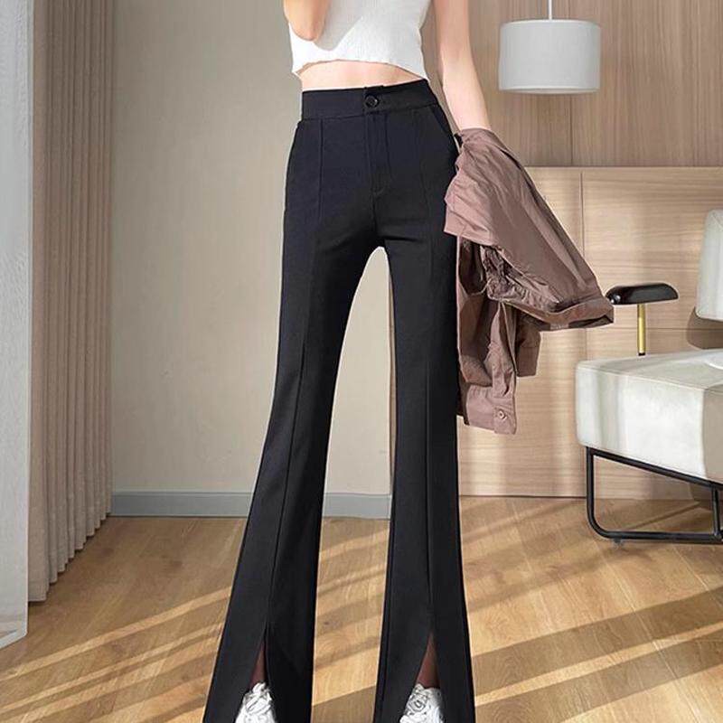 黑微女春款大码阔腿裤宽松显瘦休闲拖地开叉裤