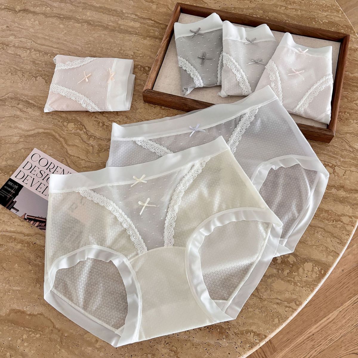 5268#法式蕾丝内裤女飘飞冰丝轻薄绸缎拼接裸感中腰少女三角裤女