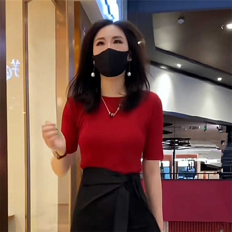 黑色百搭一字领七分袖曲珠衫女2024春夏早秋季显瘦套头打底衫